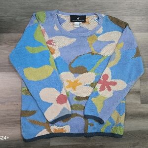 VINTAGE Peruvian Connection Pima Cotton Floral Knit Sweater Boxy Fit S M Blue
